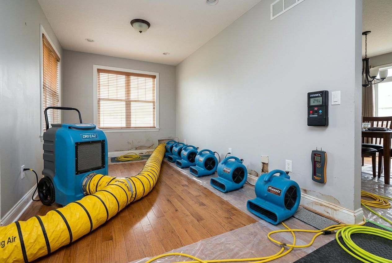 Professional structural drying equipment — industrial LGR dehumidifier and high-velocity air movers operating in a residential room
