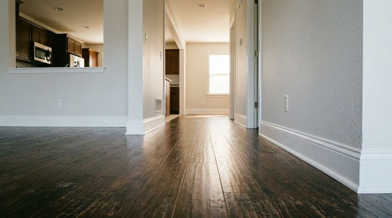 Illustrative example showing the same residential living room and hallway completely dried, cleaned, and restored
