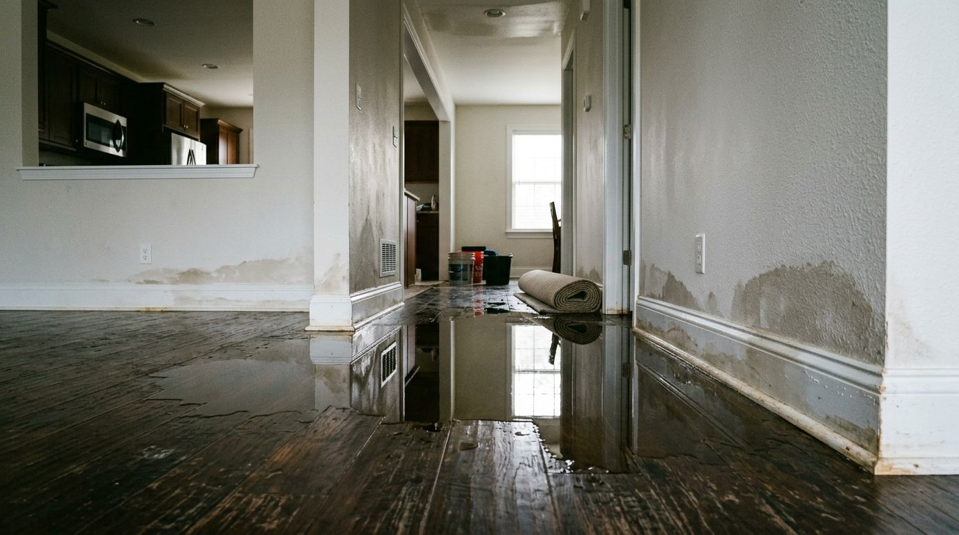 Illustrative example showing residential living room and hallway with water pooling on hardwood and saturated baseboards