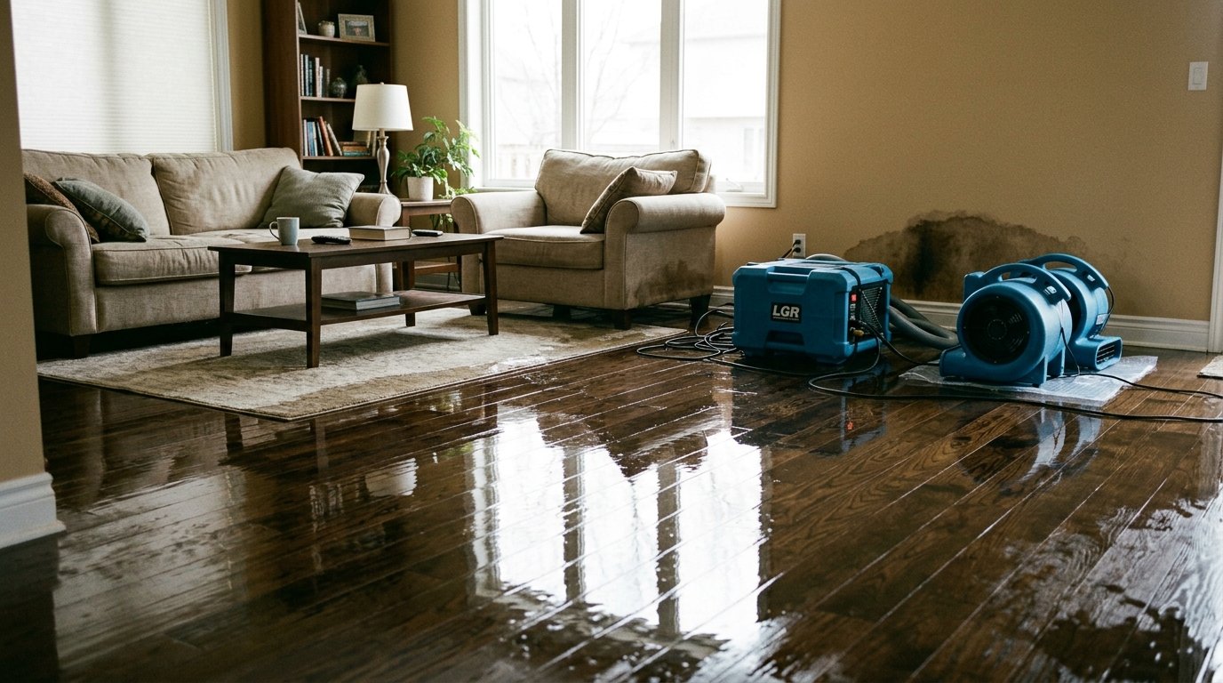 Water damage restoration in progress — professional industrial LGR dehumidifier and high-velocity air movers drying residential hardwood flooring after indoor water intrusion
