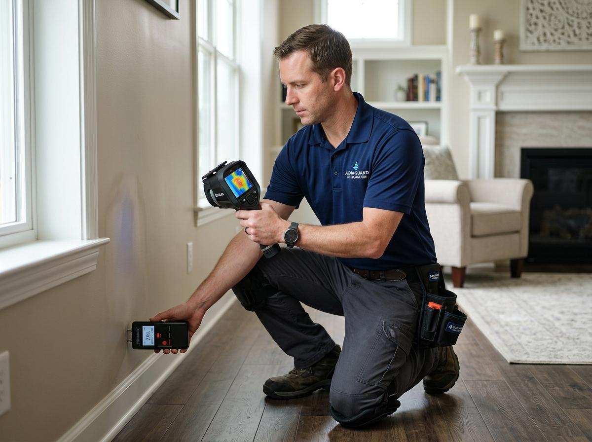 Restoration technician using thermal imaging camera and digital moisture meter on residential baseboards