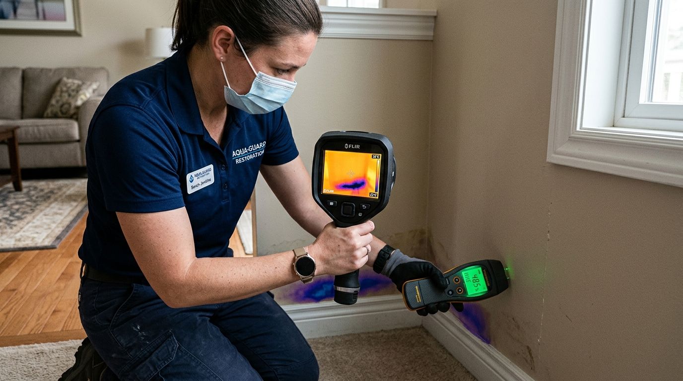 Restoration technician using FLIR thermal camera and digital moisture meter to inspect baseboard wall moisture