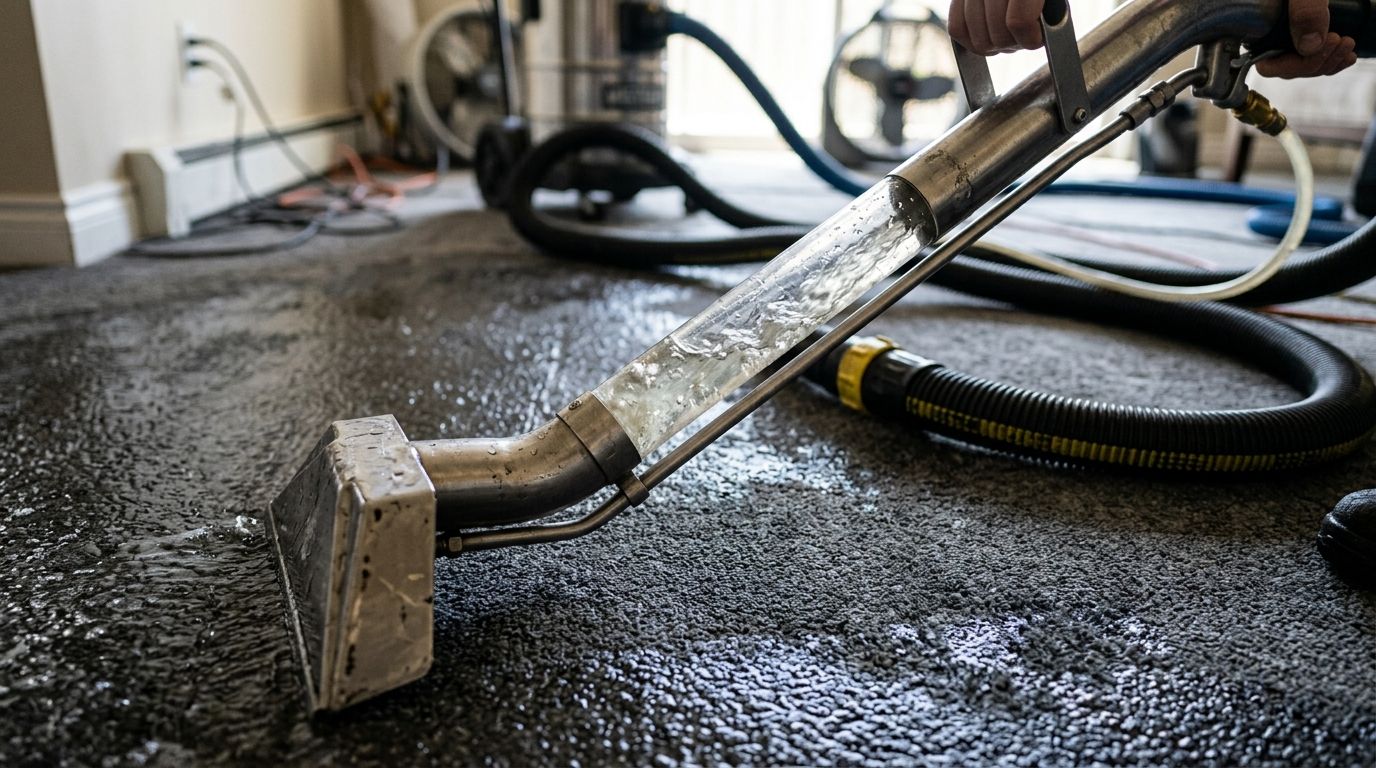 Close-up action of professional weighted water extraction wand tool pulling water through clear tube from wet flooring